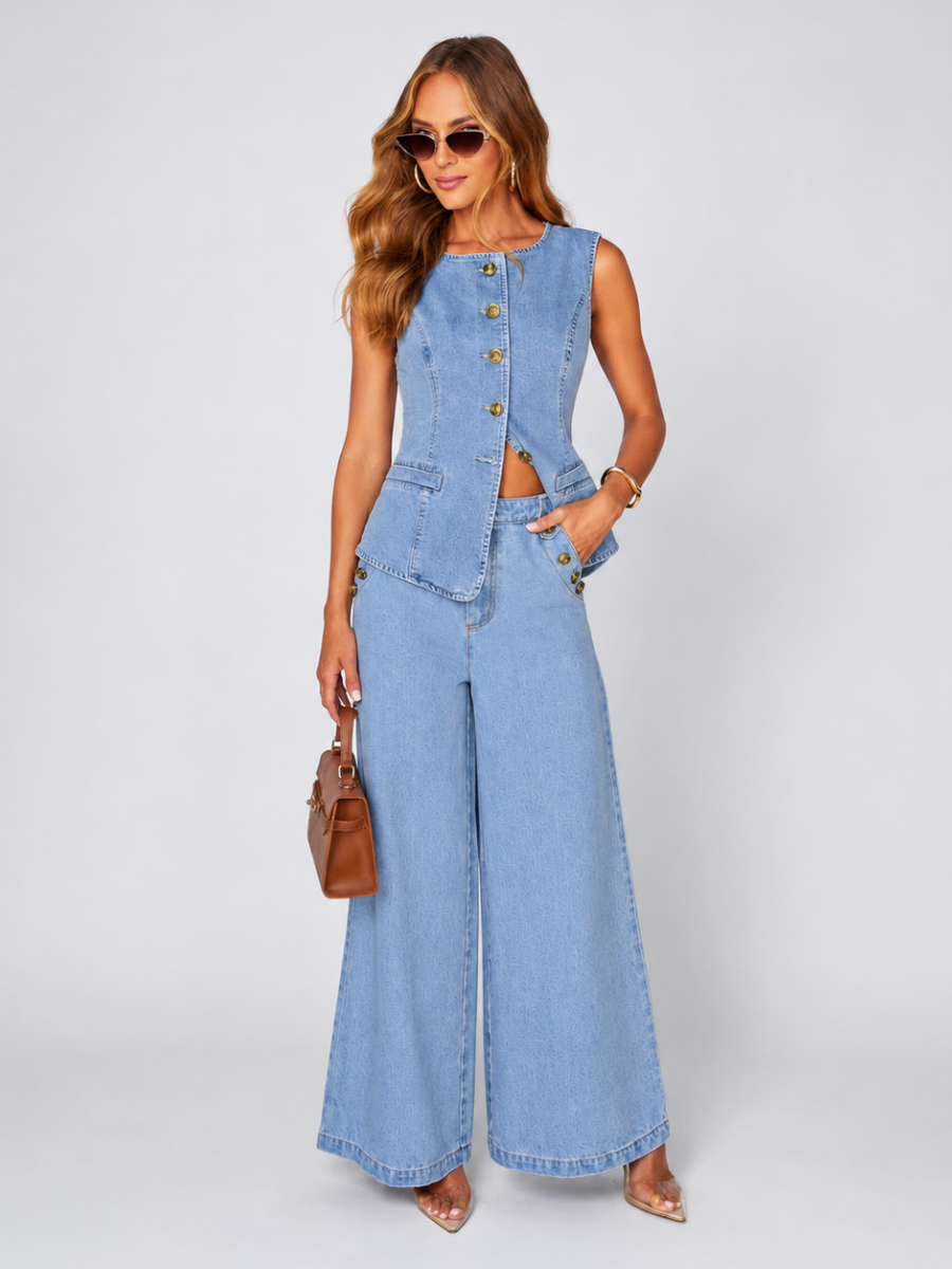 Conjunto Feminino Jeans Colete e Calça Pantalona Cós Alto  Modern Sthefany
