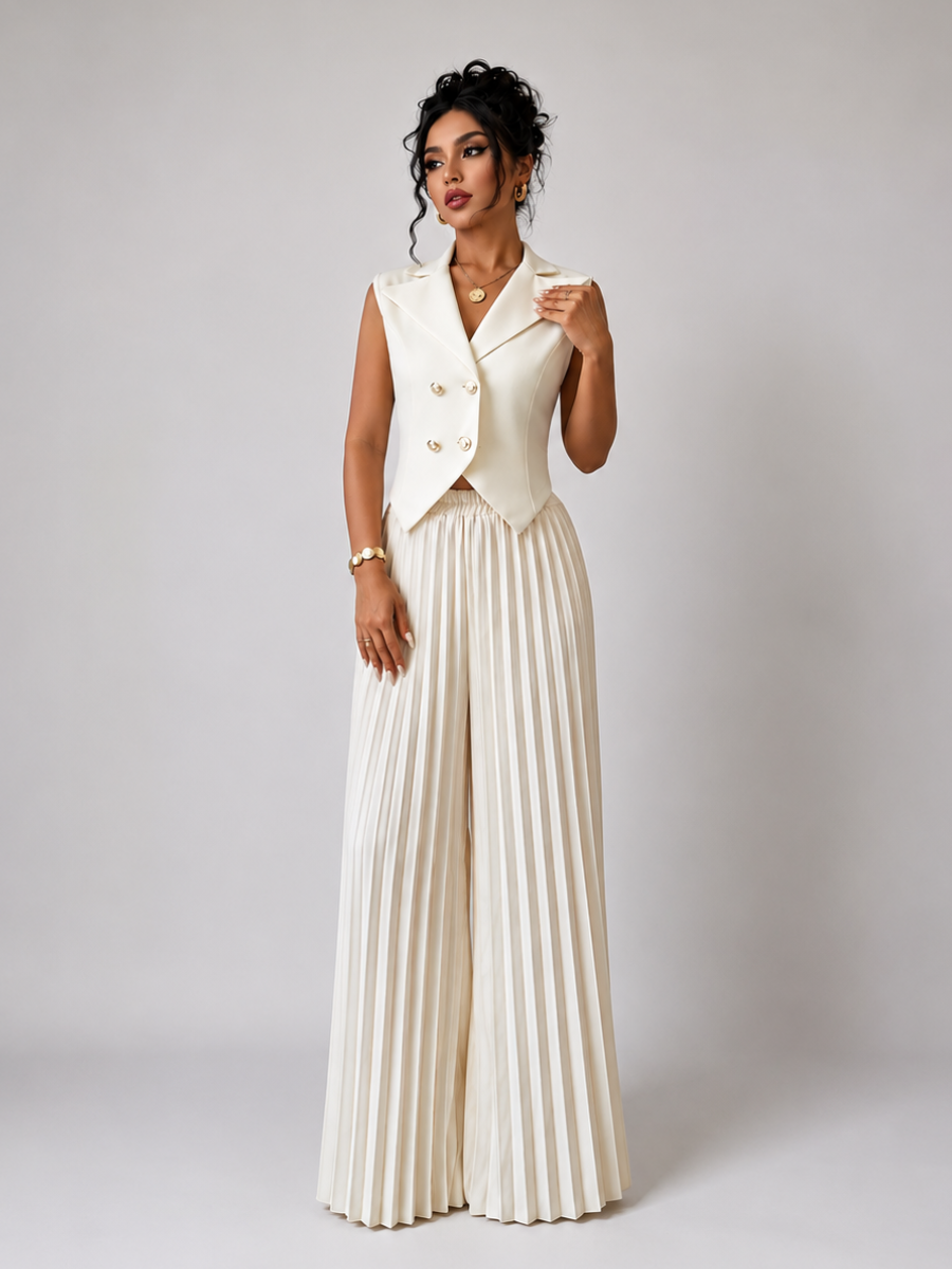 Conjunto Feminino Colete Alfaiataria e Calça Pantalona Plissada Modern Aura