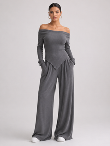 Conjunto Feminino Blusa Manga Longa Assimétrica e Calça Pantalona Modern Confy