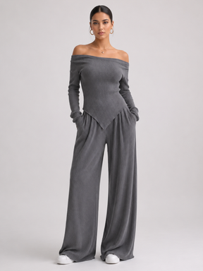 Conjunto Feminino Blusa Manga Longa Assimétrica e Calça Pantalona Modern Confy