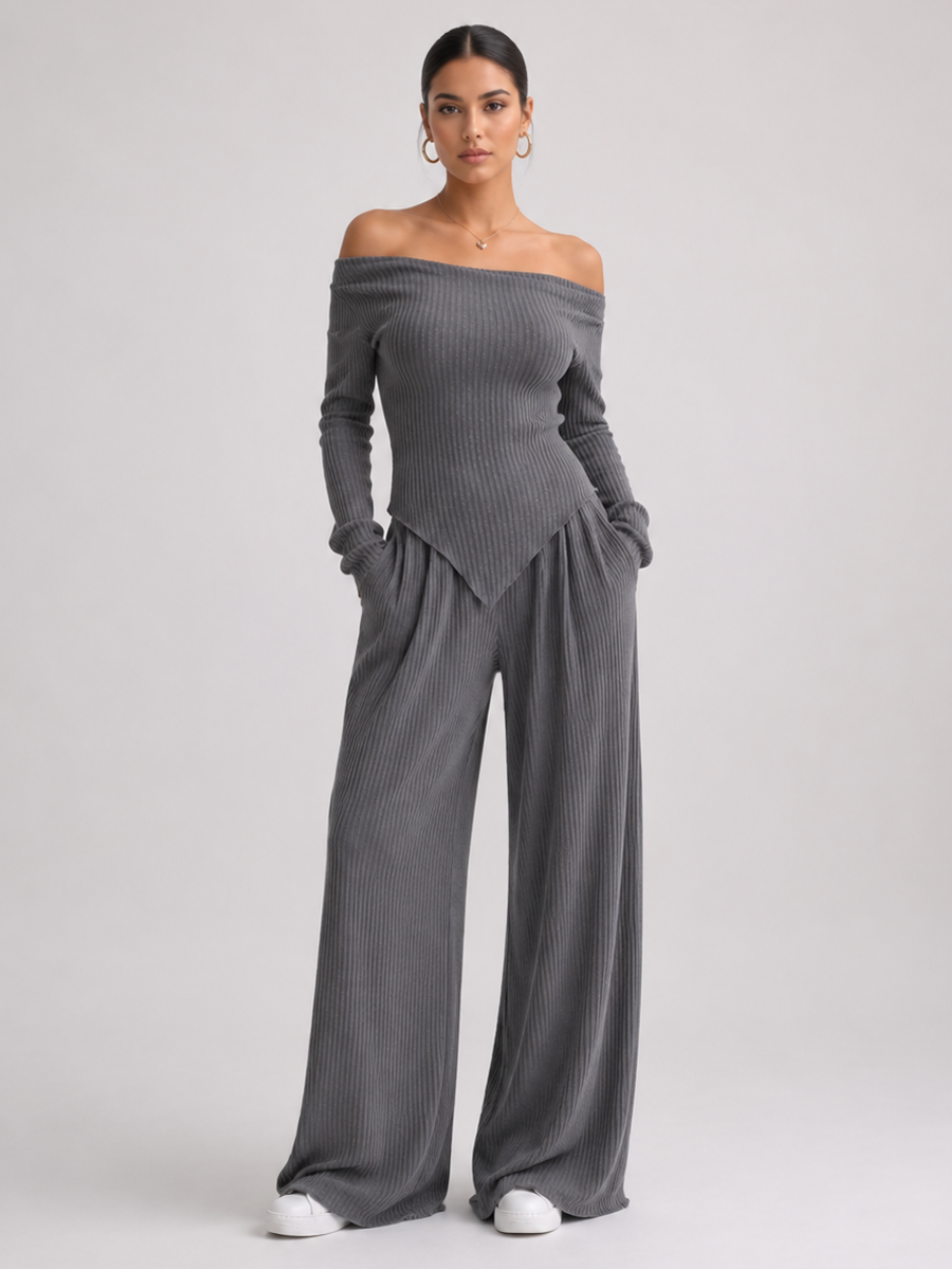 Conjunto Feminino Blusa Manga Longa Assimétrica e Calça Pantalona Modern Confy