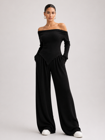 Conjunto Feminino Blusa Manga Longa Assimétrica e Calça Pantalona Modern Confy