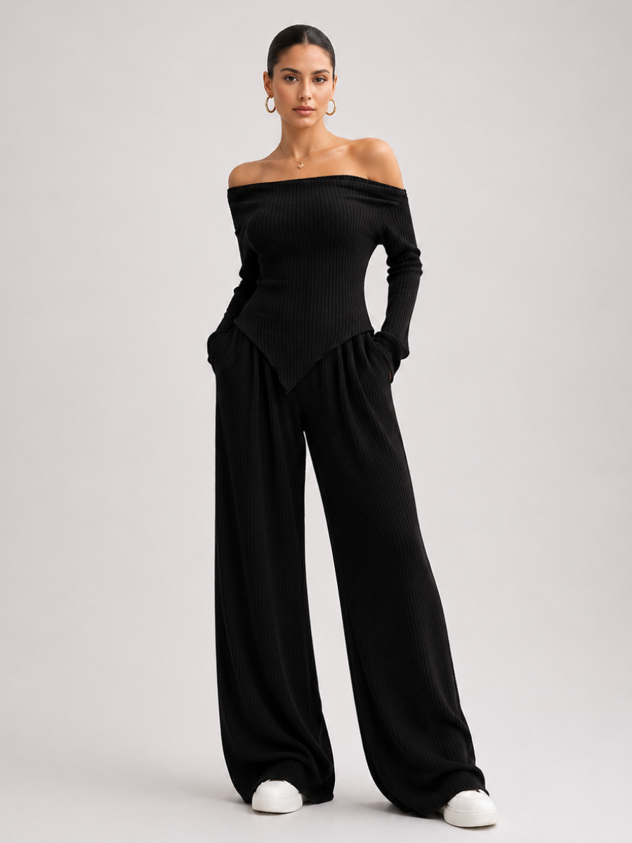 Conjunto Feminino Blusa Manga Longa Assimétrica e Calça Pantalona Modern Confy