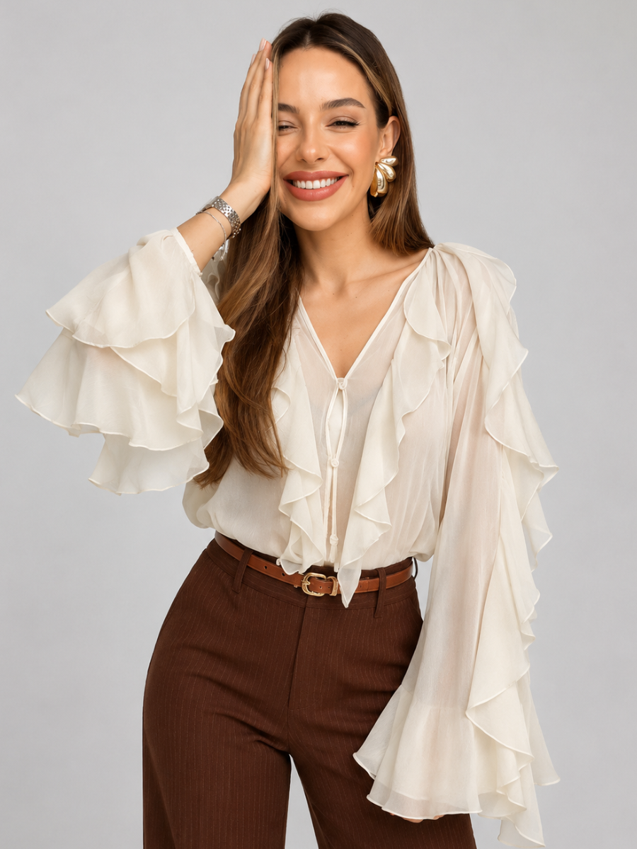 Blusa Manga Longa Chiffon Babados Modern Royal Chic