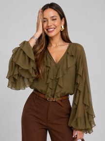 Blusa Manga Longa Chiffon Babados Modern Royal Chic