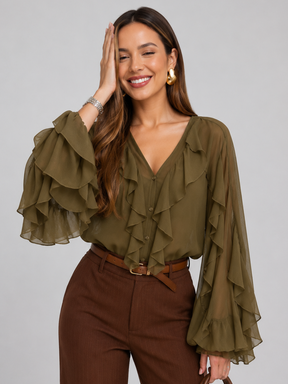 Blusa Manga Longa Chiffon Babados Modern Royal Chic