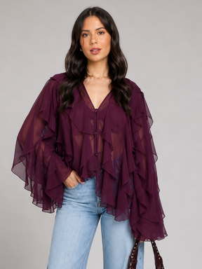 Blusa Manga Longa Chiffon Babados Modern Royal Chic