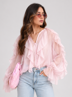 Blusa Manga Longa Chiffon Babados Modern Royal Chic