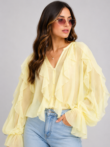 Blusa Manga Longa Chiffon Babados Modern Royal Chic