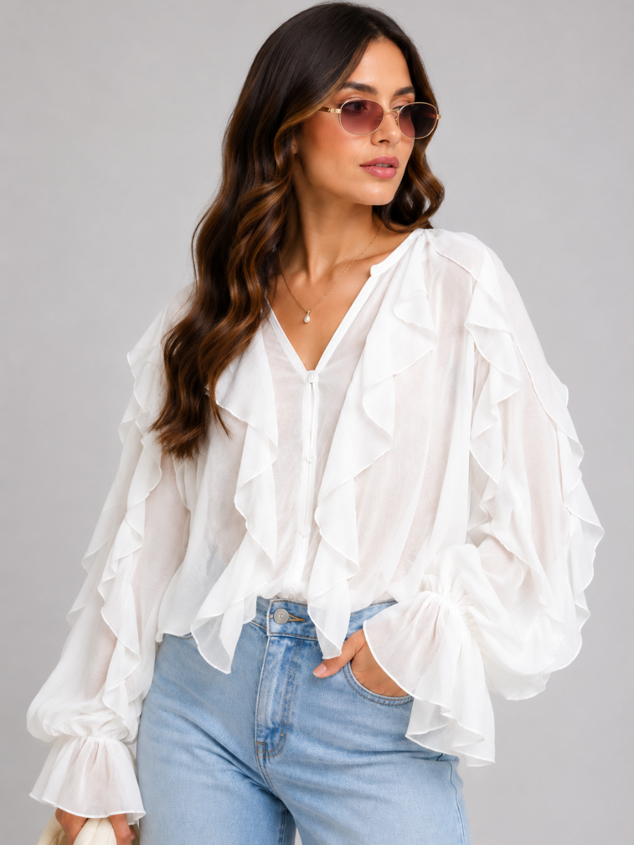 Blusa Manga Longa Chiffon Babados Modern Royal Chic