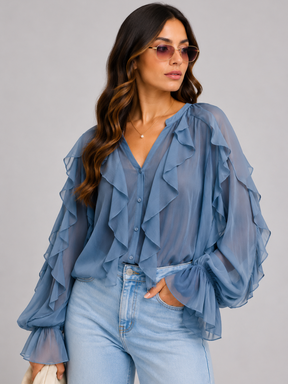 Blusa Manga Longa Chiffon Babados Modern Royal Chic