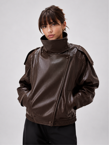 Jaqueta Feminina Oversized Couro Eco Gola Alta Estilo Europeia Vintage Premium Modern Verona