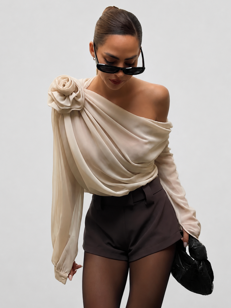 Blusa Feminina Manga Longa com Flor em Chiffon Modern Ella