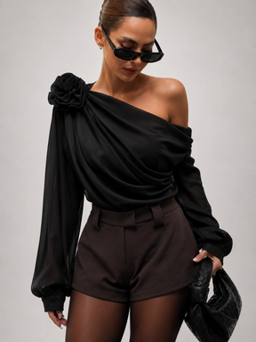 Blusa Feminina Manga Longa com Flor em Chiffon Modern Ella
