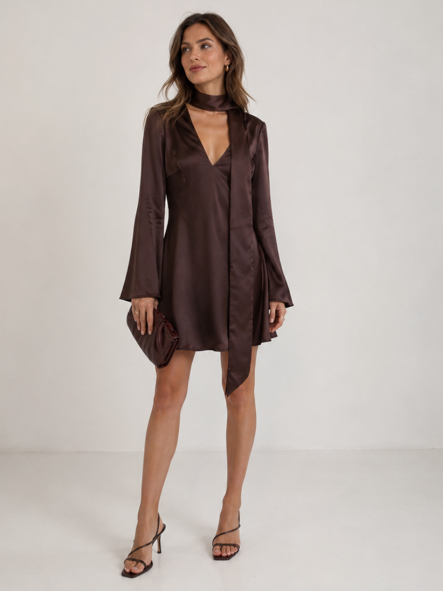 Vestido Feminino Cetim Luxo Manga Flare com Gola Lenço Modern Venezia
