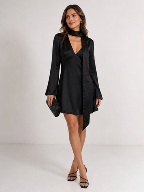 Vestido Feminino Cetim Luxo Manga Flare com Gola Lenço Modern Venezia