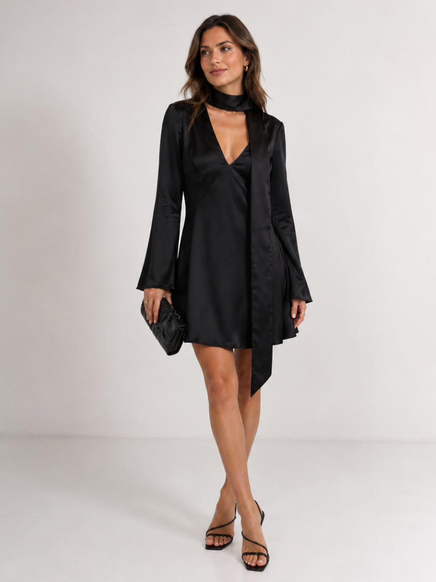 Vestido Feminino Cetim Luxo Manga Flare com Gola Lenço Modern Venezia