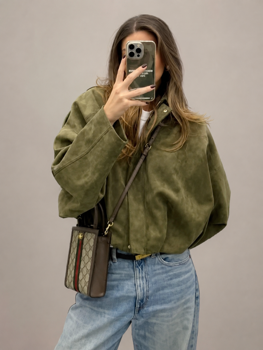 Jaqueta Feminina Suede Oversized Premium com Zíper e Gola Lapela Modern Roma
