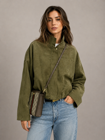 Jaqueta Feminina Suede Oversized Premium com Zíper e Gola Lapela Modern Roma