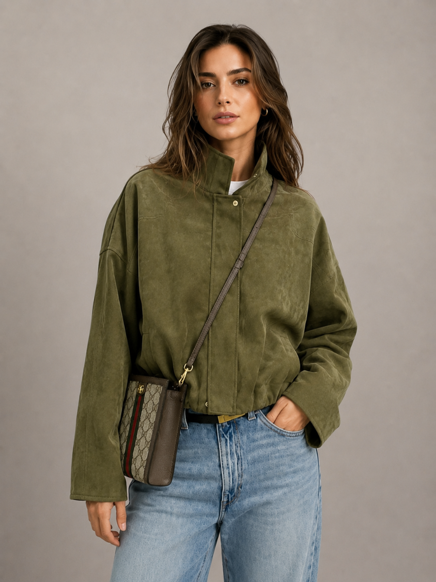 Jaqueta Feminina Suede Oversized Premium com Zíper e Gola Lapela Modern Roma