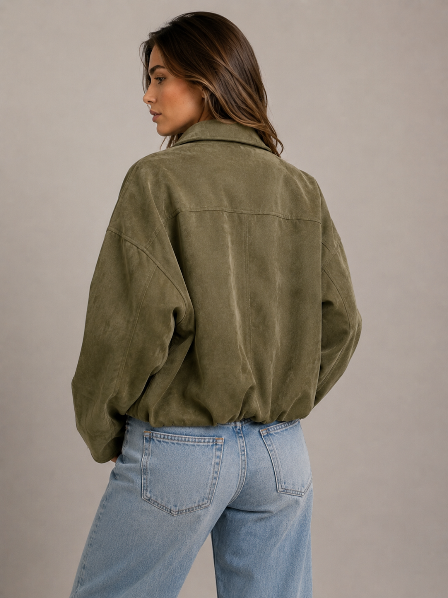 Jaqueta Feminina Suede Oversized Premium com Zíper e Gola Lapela Modern Roma