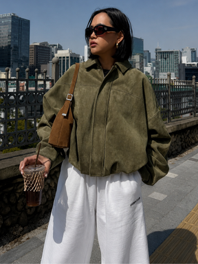 Jaqueta Feminina Suede Oversized Premium com Zíper e Gola Lapela Modern Roma