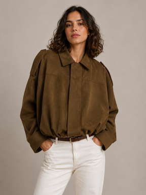 Jaqueta Feminina Suede Oversized Premium com Zíper e Gola Lapela Modern Roma