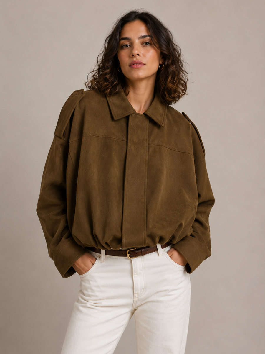 Jaqueta Feminina Suede Oversized Premium com Zíper e Gola Lapela Modern Roma