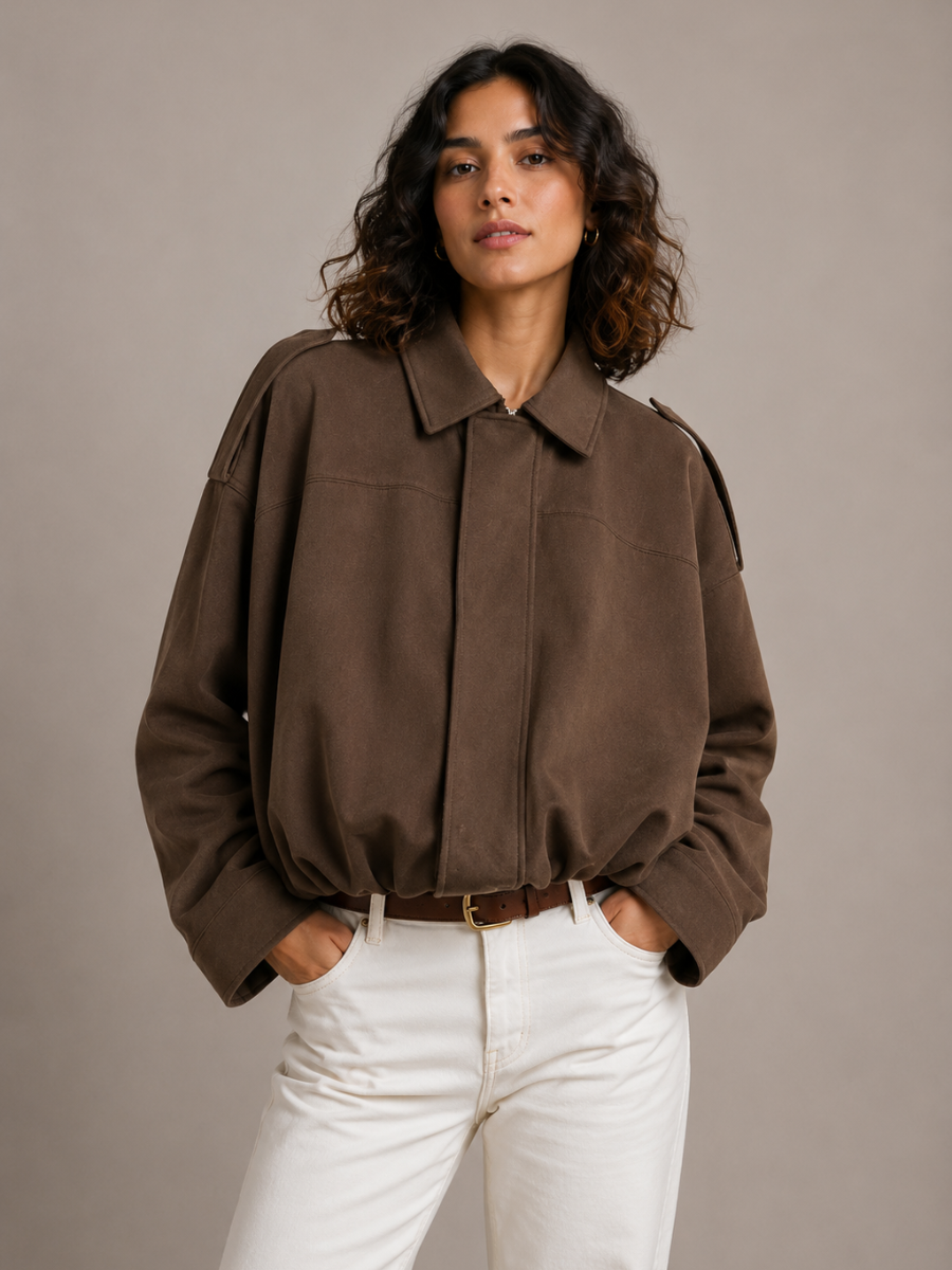 Jaqueta Feminina Suede Oversized Premium com Zíper e Gola Lapela Modern Roma