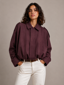 Jaqueta Feminina Suede Oversized Premium com Zíper e Gola Lapela Modern Roma