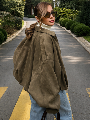 Jaqueta Feminina Suede Oversized Premium com Zíper e Gola Lapela Modern Roma