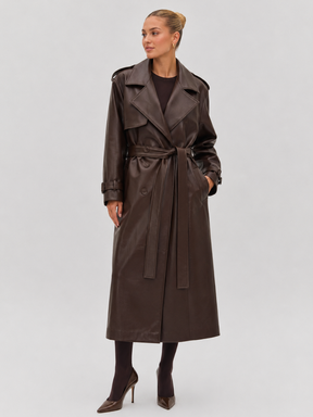 Sobretudo Feminino Longo em Couro Eco Premium Modern Antonieta – Trench Coat Elegante
