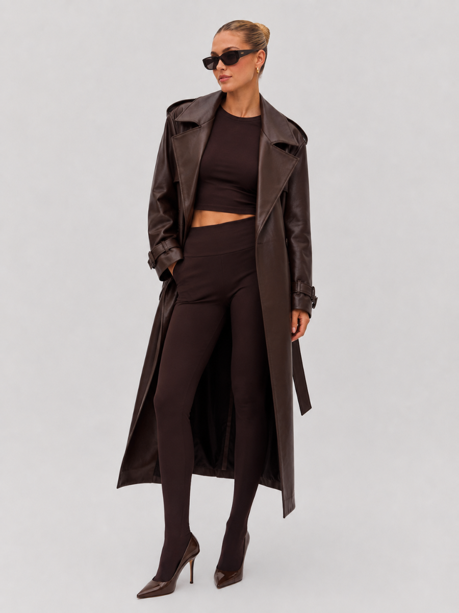 Sobretudo Feminino Longo em Couro Eco Premium Modern Antonieta – Trench Coat Elegante