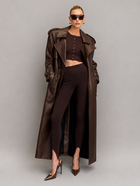 Sobretudo Feminino Longo em Couro Eco Premium Modern Antonieta – Trench Coat Elegante