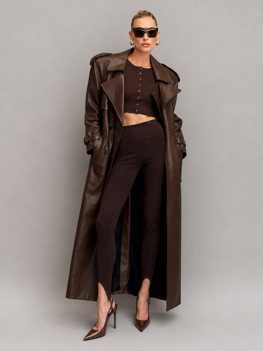 Sobretudo Feminino Longo em Couro Eco Premium Modern Antonieta – Trench Coat Elegante