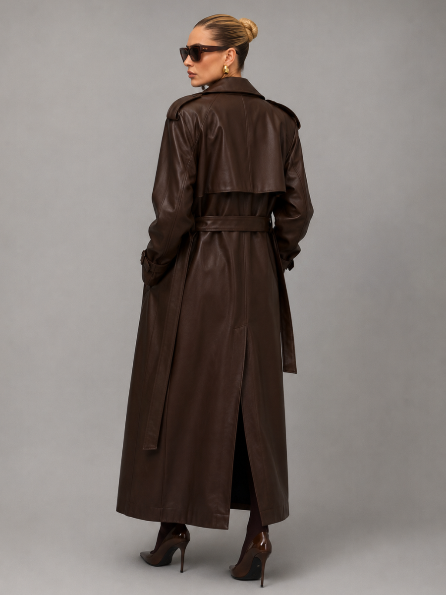 Sobretudo Feminino Longo em Couro Eco Premium Modern Antonieta – Trench Coat Elegante