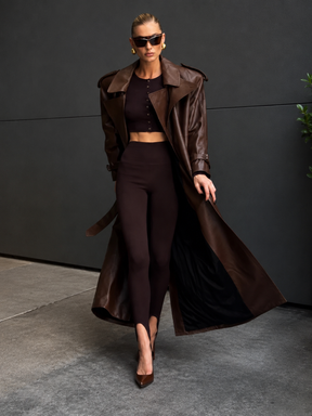 Sobretudo Feminino Longo em Couro Eco Premium Modern Antonieta – Trench Coat Elegante