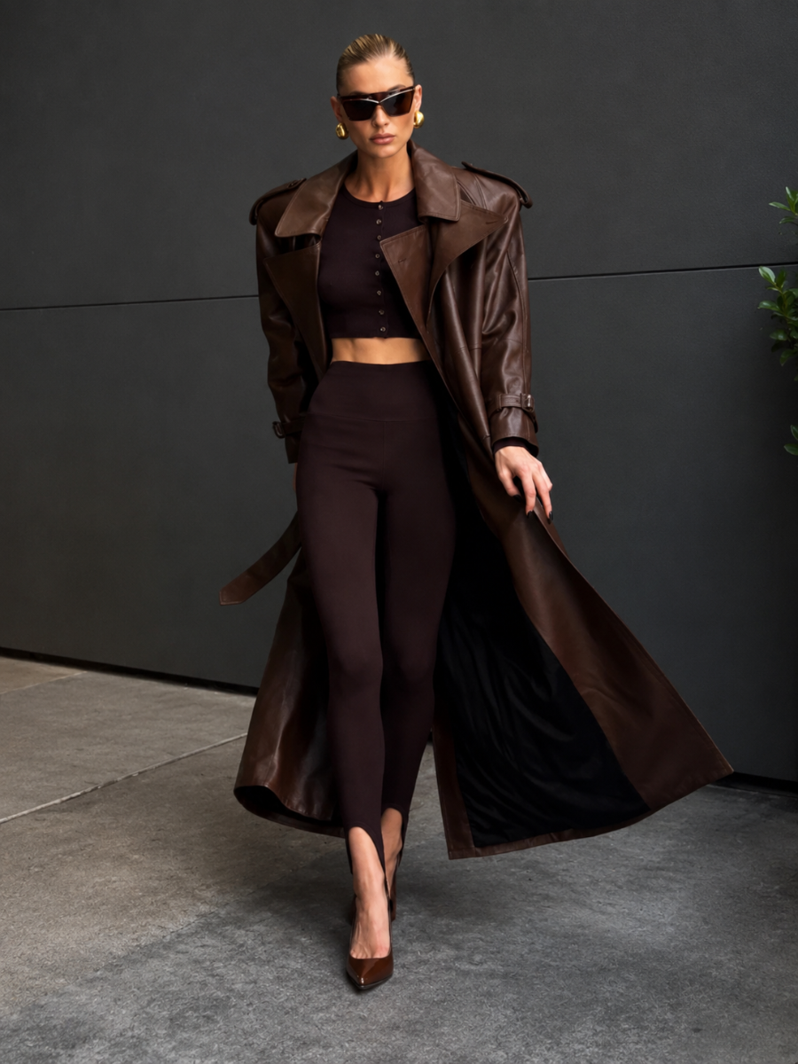 Sobretudo Feminino Longo em Couro Eco Premium Modern Antonieta – Trench Coat Elegante