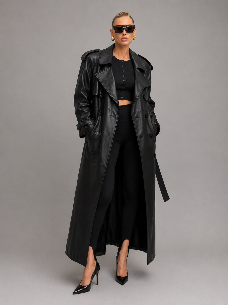 Sobretudo Feminino Longo em Couro Eco Premium Modern Antonieta – Trench Coat Elegante