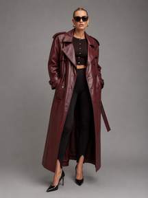 Sobretudo Feminino Longo em Couro Eco Premium Modern Antonieta – Trench Coat Elegante