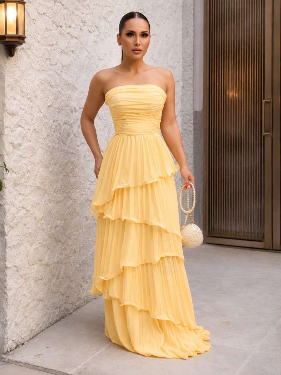 Vestido Sem Alças com Babados Plissado Modern Aurorah
