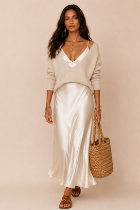 Vestido Midi Cetim Alça Fina com Suéter Decote V Modern Amber