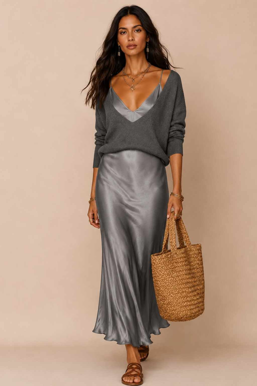 Vestido Midi Cetim Alça Fina com Suéter Decote V Modern Amber