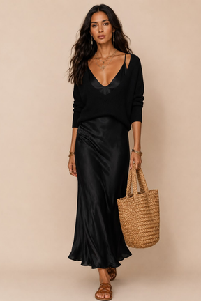 Vestido Midi Cetim Alça Fina com Suéter Decote V Modern Amber