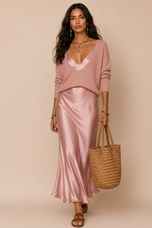 Vestido Midi Cetim Alça Fina com Suéter Decote V Modern Amber