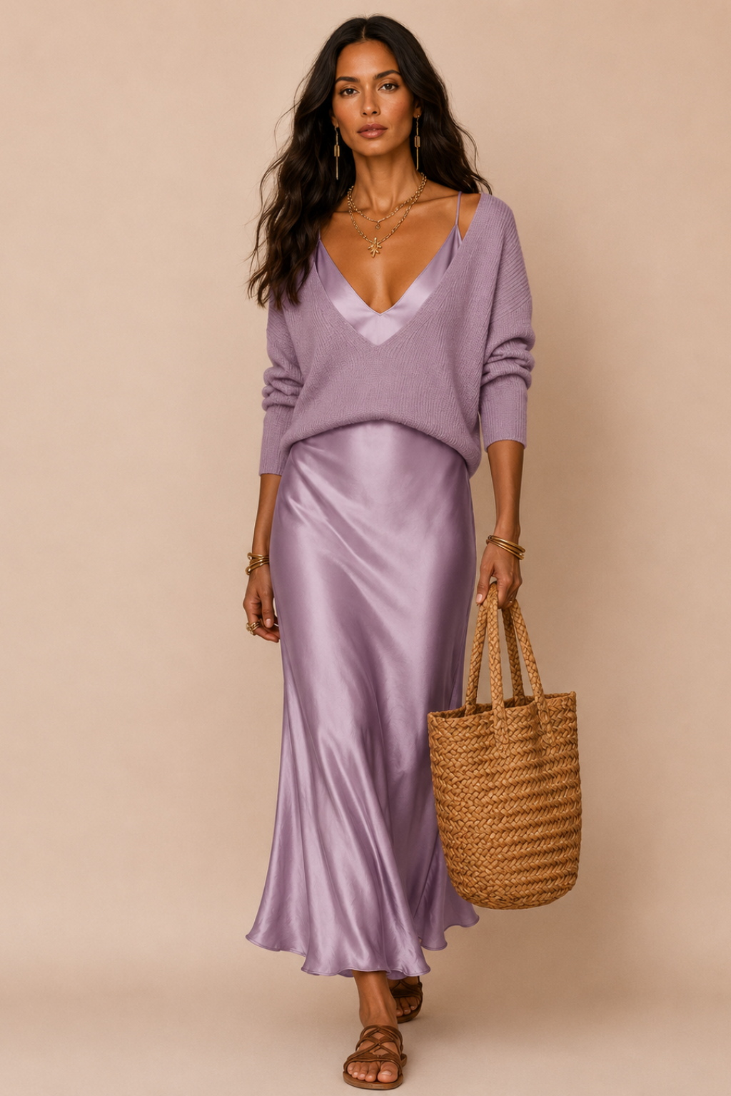 Vestido Midi Cetim Alça Fina com Suéter Decote V Modern Amber
