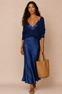 Vestido Midi Cetim Alça Fina com Suéter Decote V Modern Amber
