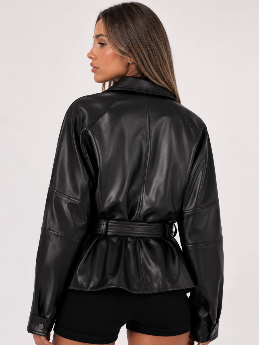Jaqueta Feminina de Couro Eco com Cinto Oversized Modern Chelsea