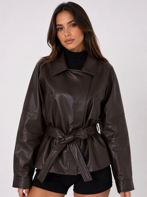 Jaqueta Feminina de Couro Eco com Cinto Oversized Modern Chelsea