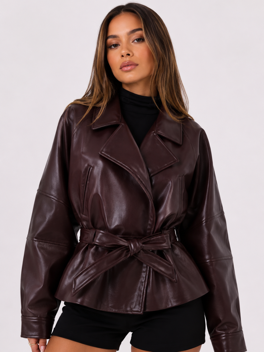 Jaqueta Feminina de Couro Eco com Cinto Oversized Modern Chelsea